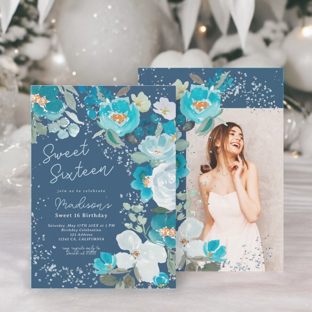 Invitation Winter Wonderland bleu foncé Floral Sweet sixteen (Winter Wonderland dark blue Floral Sweet Sixteen Invitation)