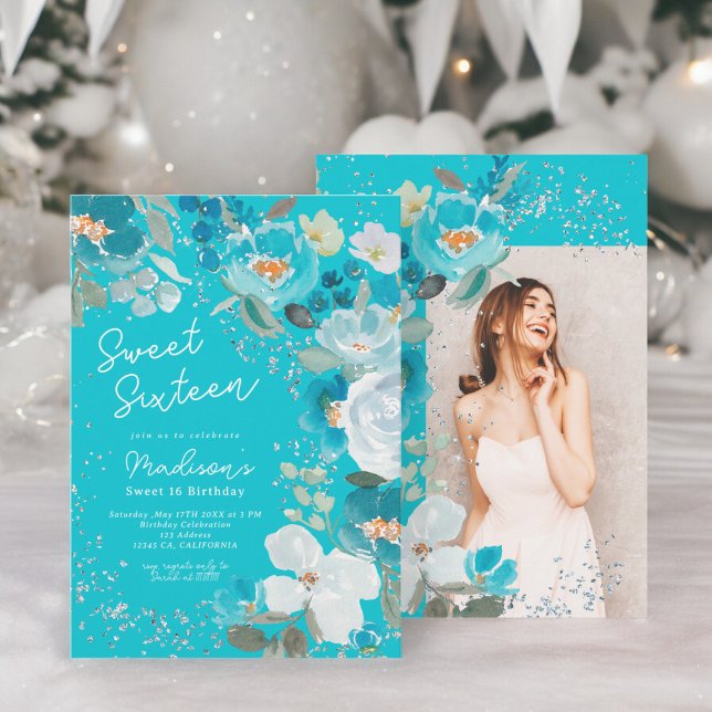 Invitation Winter Wonderland bleu turquoise Floral Sweet sixt (Winter Wonderland teal blue Floral Sweet Sixteen Invitation)