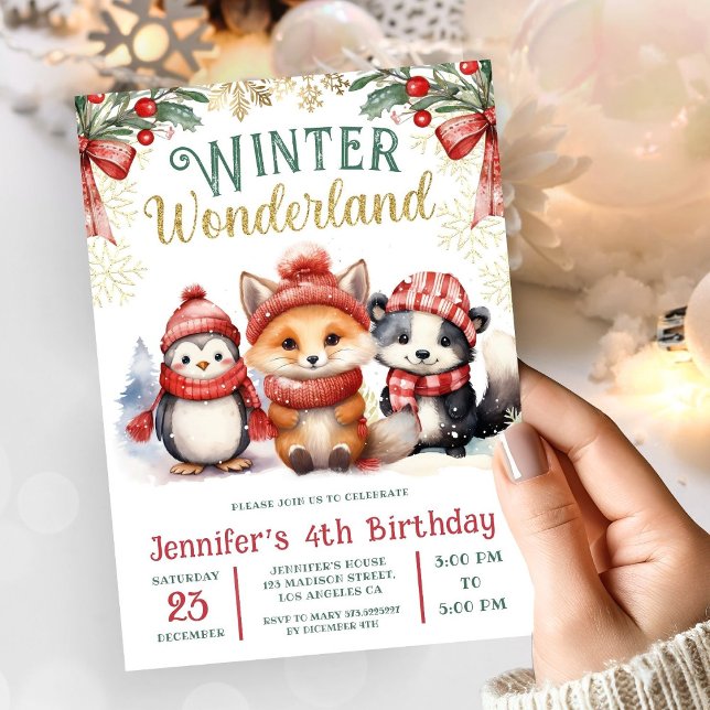 Invitation Winter Wonderland Cute Snow Animaux 4e anniversair (Créateur téléchargé)