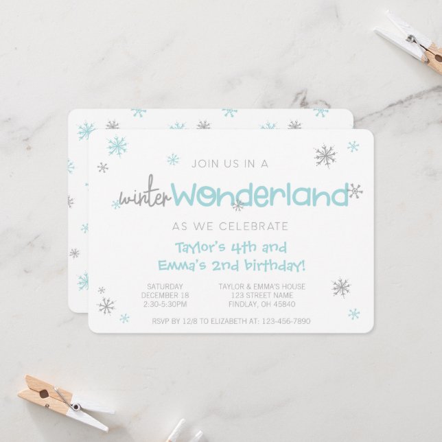 Invitation Winter Wonderland Fête d'anniversaire conjointe, n (Devant/Arrière en situation)