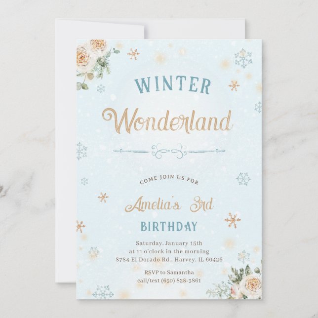 Invitation Winter Wonderland Girl Frozen Neige fête d'anniver (Devant)