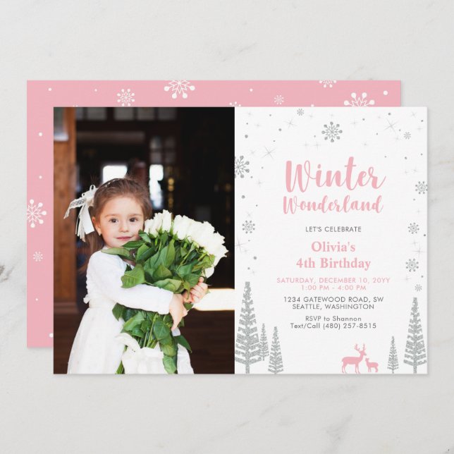 Invitation Winter Wonderland Girl Photo Anniversaire Invitati (Devant / Derrière)