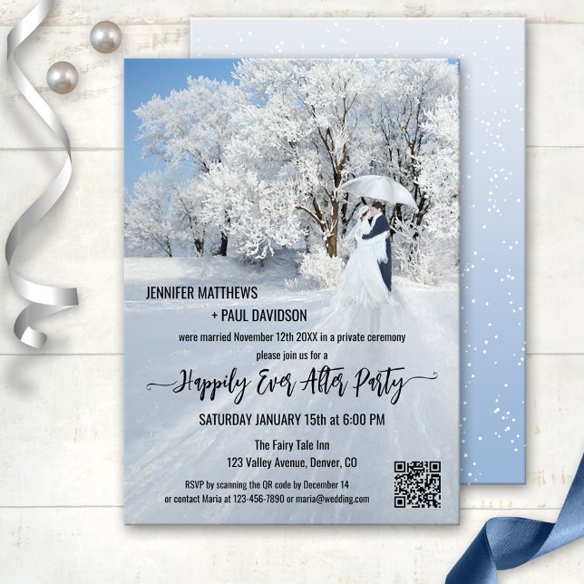 Invitation Winter Wonderland Heureux Jamais Après Mariage (Wedding party invitation featuring a snow covered winter wonderland with a couple under an umbrella)