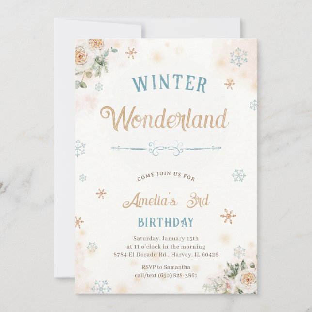 Invitation Winter Wonderland Ice Neige Princesse Fille Annive (Devant)