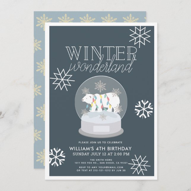 Invitation Winter Wonderland Ours polaire Marine Anniversaire (Devant / Derrière)