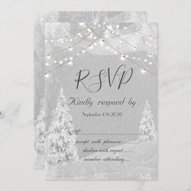 Invitation Winter Wonderland, Pine Tree Grey RSVP (Devant / Derrière)