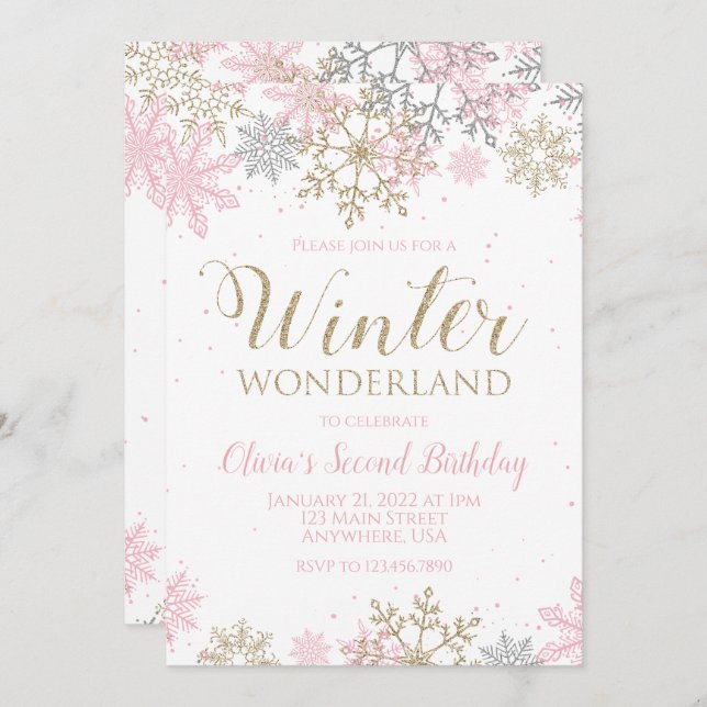 Invitation Winter Wonderland Pink Gold Snowflake Anniversaire (Devant / Derrière)
