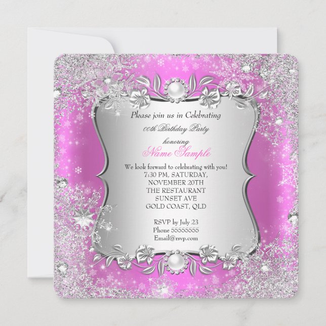Invitation Winter Wonderland Pink Silver Snowflake Anniversai (Devant)
