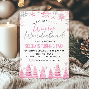 Invitation Winter Wonderland Pink Snowflake 2e anniversaire