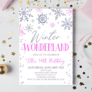 Invitation Winter Wonderland Pink Snowflake fête d'anniversai