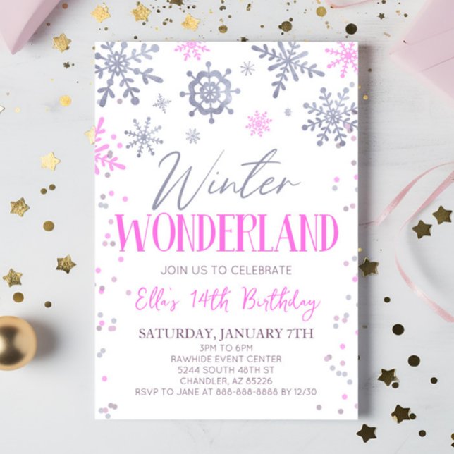 Invitation Winter Wonderland Pink Snowflake fête d'anniversai (Créateur téléchargé)