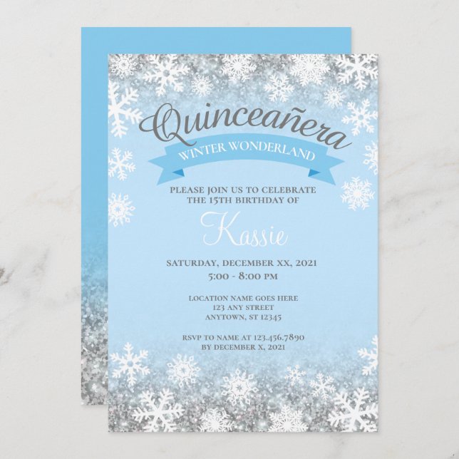 Invitation Winter Wonderland Quinceañera 15e anniversaire Arg (Devant / Derrière)