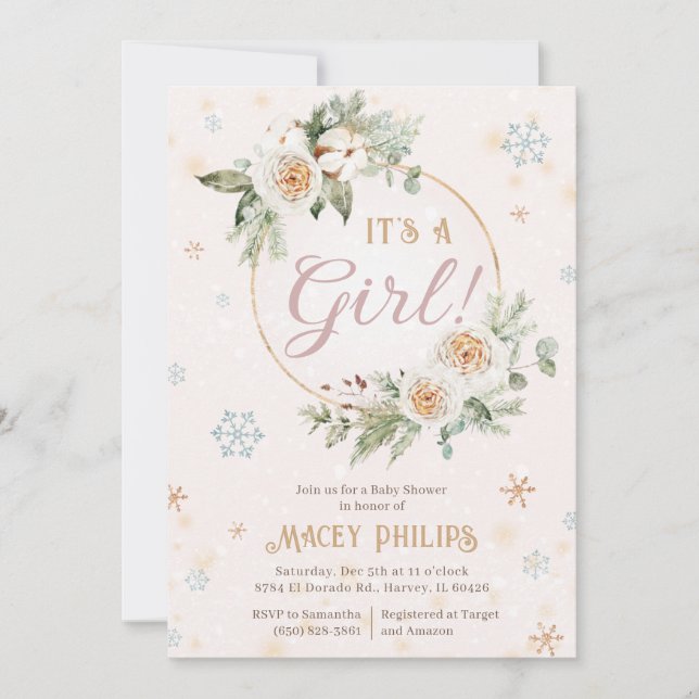 Invitation Winter Wonderland Rose Baby Girl Douche aspersion (Devant)