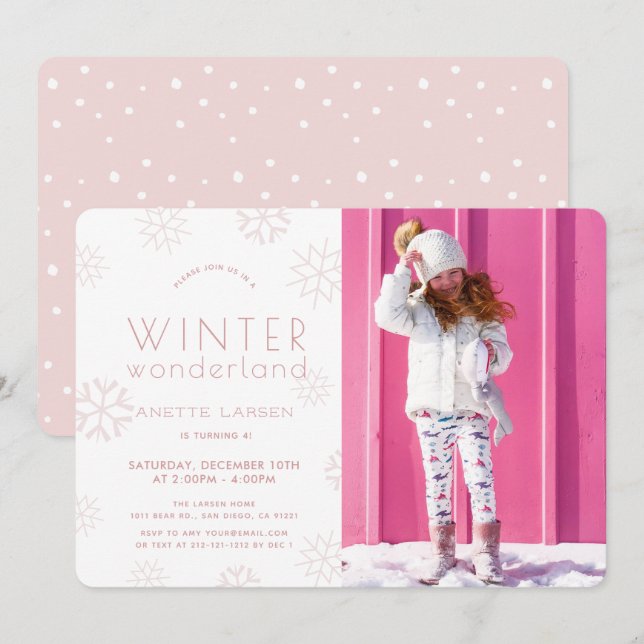 Invitation Winter Wonderland Rose Girl Photo Anniversaire (Devant / Derrière)