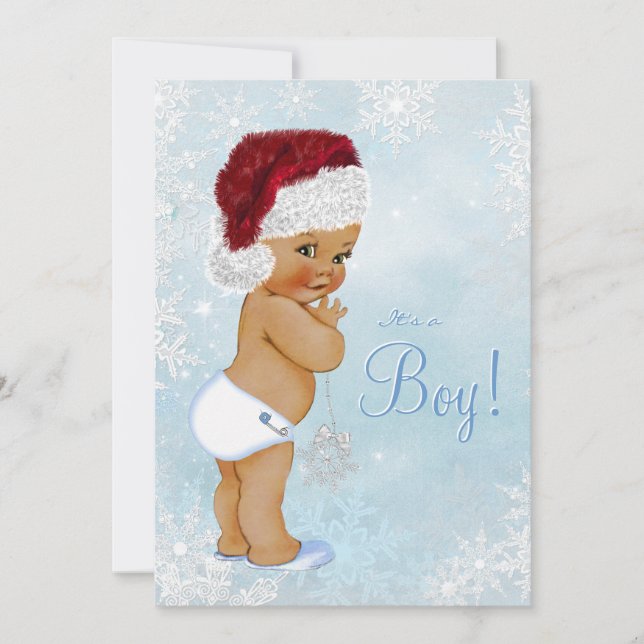 Invitation Winter Wonderland Santa Hat Ethnic Boy Baby shower (Devant)