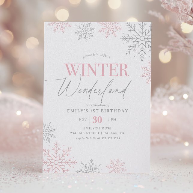 Invitation Winter Wonderland Silver Pink Glitter 1st Birthday (Créateur téléchargé)