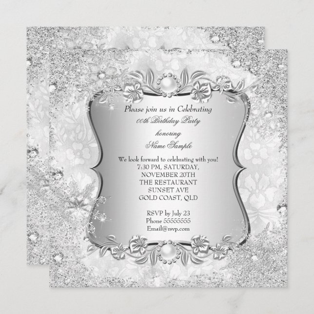 Invitation Winter Wonderland Silver Snowflake Anniversaire (Devant / Derrière)