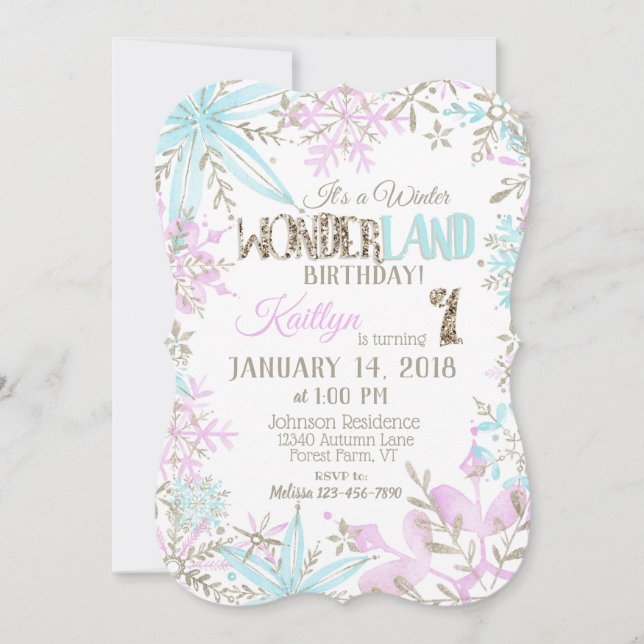 Invitation Winter Wonderland Snowflake Anniversaire (Devant)