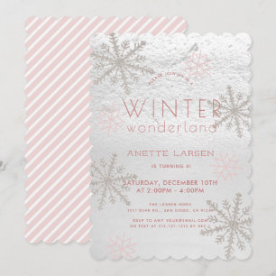 Invitation Winter Wonderland Snowflake Rose Girl Anniversaire