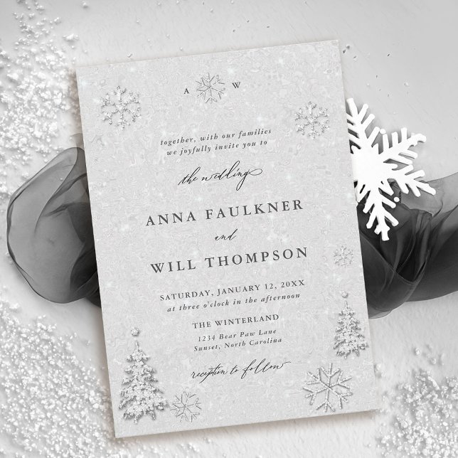 Invitation Winter Wonderland Snowflakes Blanc Elégant Mariage (winter wedding invitations snowflake theme white falling snow forest mountain rustic elegant)