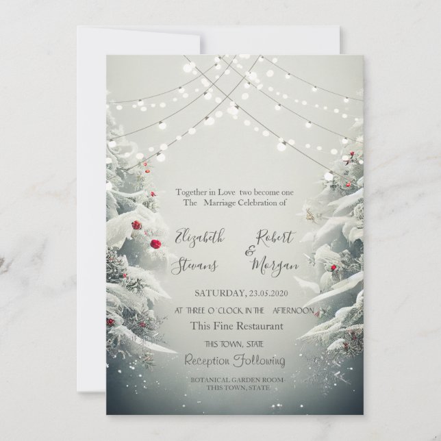 Invitation Winter Wonderland, String Lights Mariage de neige (Devant)