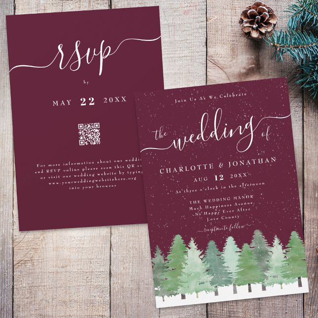 Invitation Winter Woodland Forest Bourgogne Mariage Qr Code (Winter Woodland forest watercolor sage green and white wedding qr code invitation Elegant romantic)