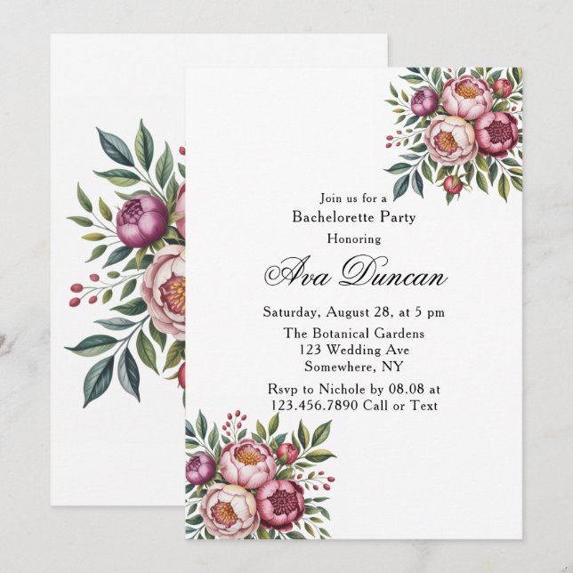 Invitation Winterberry Primrose Floral Bachelorette Party (Devant / Derrière)