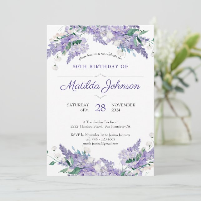 Invitation Wisteria 50e anniversaire Fleur Classy Purple Pers (Debout devant)