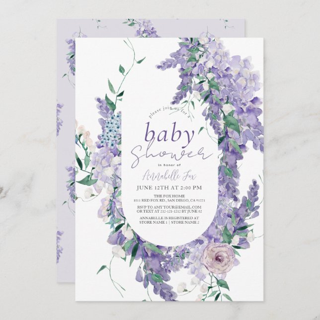 Invitation Wisteria Dusty Purple Aquarelle Baby shower (Devant / Derrière)