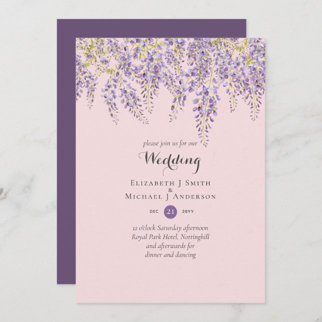 Invitation Wisteria Floral Garden Lavender Mariage Dusty rose (Devant / Derrière)