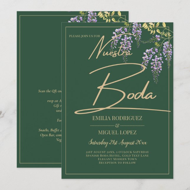 Invitation WISTERIA Gold Texte Vert BODA (Devant / Derrière)