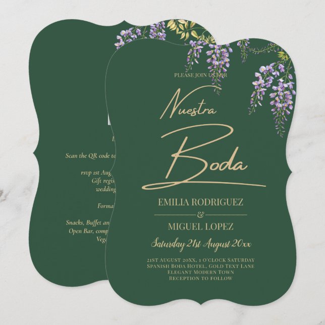 Invitation WISTERIA Gold Texte Vert BODA Invi (Devant / Derrière)