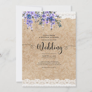Invitation Wisteria Purple Fleurs Mariage Rustic Lace Look