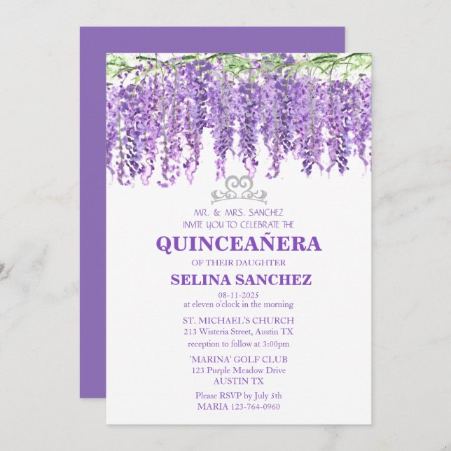 Invitation Wisteria Quinceanera Floral pourpre 15e anniversai (Devant / Derrière)