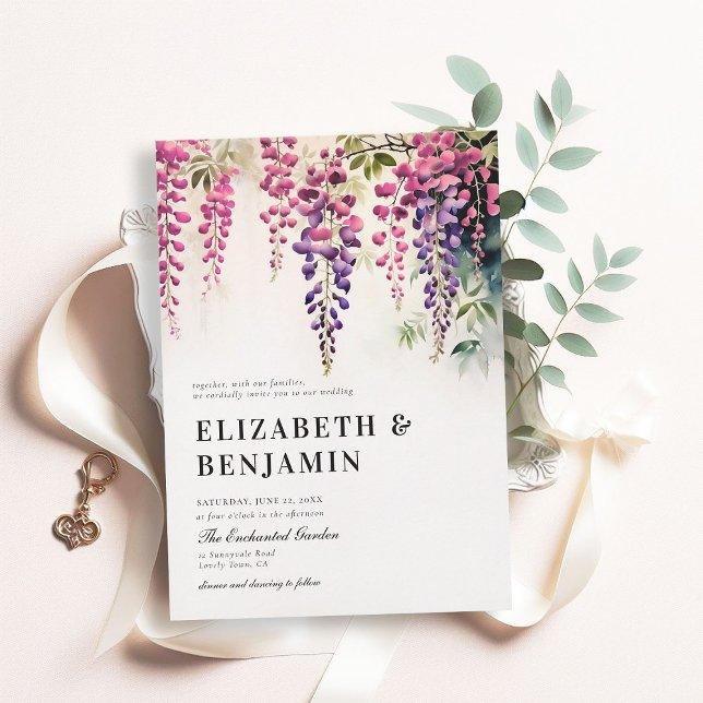 Invitation Wisteria Romantic Garden Party Mariage rose violet (wisteria garden party wedding invitation romantic elegant modern formal watercolor floral pink boho)