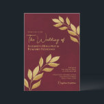 Invitation Wistful Leaves Elegant Burgundy & Gold Wedding<br><div class="desc">These elegant wedding invitations feature a rustic yet modern design with sprigs of hand painted gold watercolor leaves entering from both sides of the card on a marbled burgundy background. The typography is unique and elegant with both left and right justified text. Simple and stylish, these invites are a wonderful...</div>