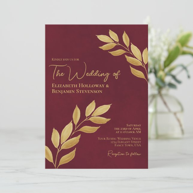 Invitation Wistful Leaves Elegant Burgundy & Gold Wedding (Debout devant)