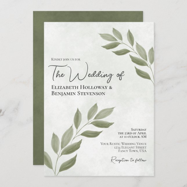 Invitation Wistful Leaves Elegant Modern Sage Green Wedding (Devant / Derrière)