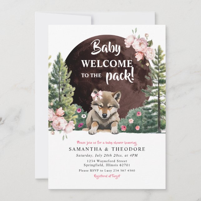 Invitation Wolf Bienvenue Au Pack Floral Girl Baby shower (Devant)