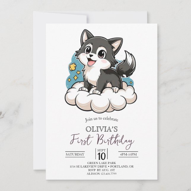 Invitation Wolf numérique Woodland unique 1er anniversaire (Devant)