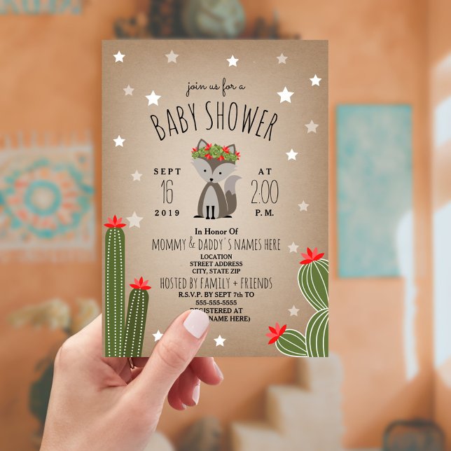Invitation Wolf Pup Desert Stars Cactus Girl Baby shower (Créateur téléchargé)