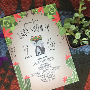 Invitation Wolf Pup Floral Cactus Desert Girl Baby shower