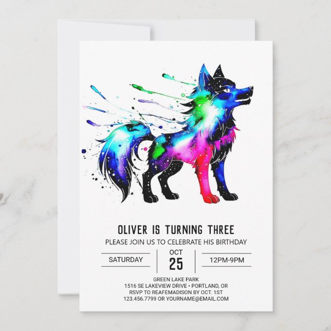 Invitation Wolf Woodland coloré Digital Boy Anniversaire (Devant)