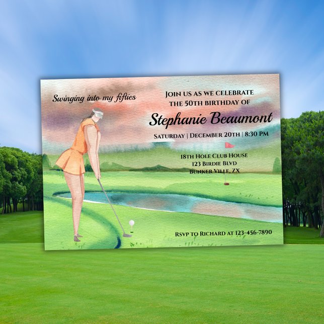 Invitation Woman Golf Player Swinging Fifties 50th Birthday (Créateur téléchargé)