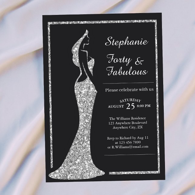 Invitation Woman's 40th Modern Silver Cocktail Dress Birthday (Créateur téléchargé)
