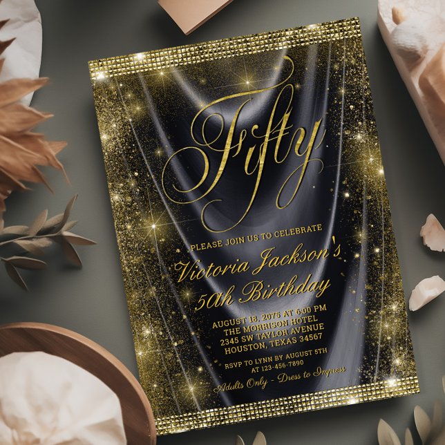 Invitation Womans Glam Black Gold 50e anniversaire (Need a different number? Simply send us a message.)