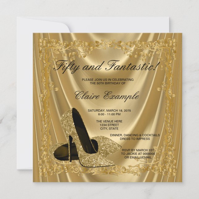 Invitation Womans Gold High Talons Anniversaire fête Satin Gl (Devant)