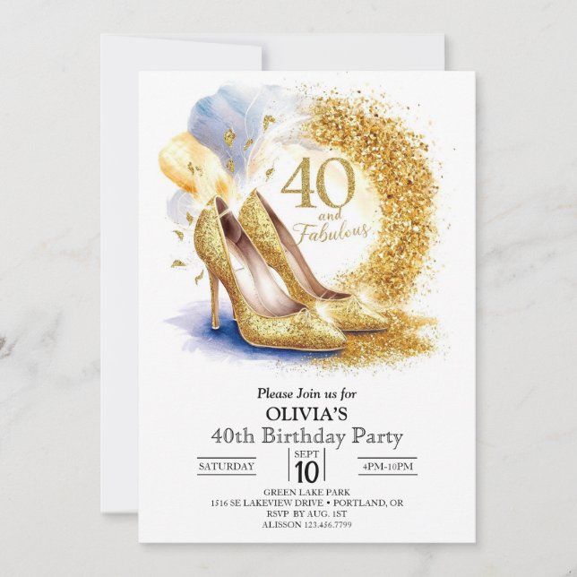 Invitation Women Editable Digital Gold 40e anniversaire (Devant)