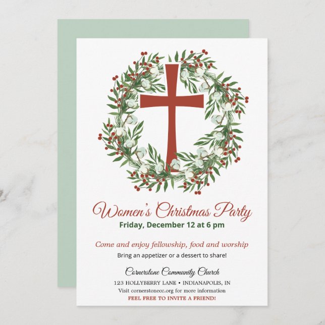 Invitation Women's Church Christmas Party Wreath (Devant / Derrière)