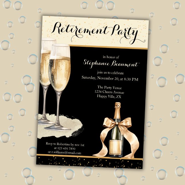Invitation Women's Elegant Black Champagne Retirement Party (Créateur téléchargé)